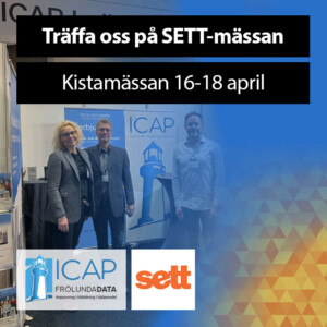 Bild med vår monter i bakgrunden och texten Träffa oss på SETT-mässan, Kistamässan 16-18 april i förgrunden